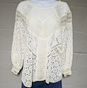 By Anthropologie Eyelet Blouse White Cotton Balloon Sleeve Oversized XS